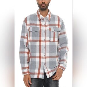 Gray and Rust Plaid Button-Up Soft Flannel Shirt Jacket